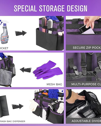 Wearable Cleaning Caddy, Cleaning Caddy Supplies Organizer with Handle & Shoulder Straps for Housekeepers, Under Sink & Car Cleaning Tool Organizers Bag with 4 Foldable Divider (Purple)