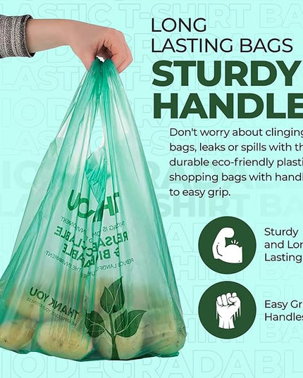500 Biodegradable Compostable Thank You Plastic Bags - Grocery Shopping Bags with Handles [12" X 6.5" X 22"] Eco Friendly Green Plastic T Shirt Bags for Small Business Restaurant Supplies Retail Store