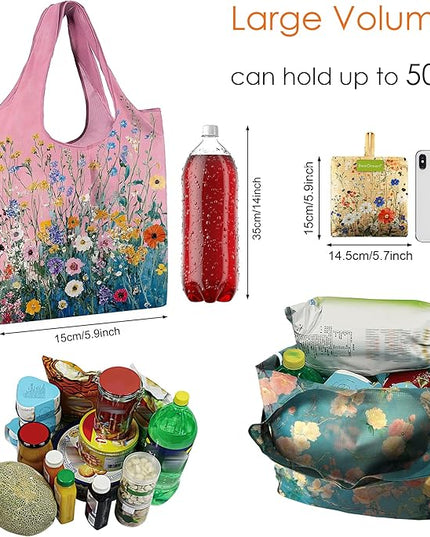 BeeGreen Flower Reusable Shopping Bags Cute Grocery Bag 6 Pack, Christmas Gift Bags Heavy-Duty Foldable Shopping Totes for Supermarket, Work & Travel, Large Washable Polyester Tote Bag with Handles