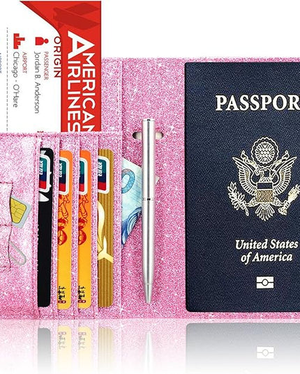 ACdream Passport Holder Cover, Leather Travel Wallet Case, RFID Blocking Document Organizer Protecrtor, with Slots for Credit Cards, Boarding Pass, for Women and Men, Glitter Pink