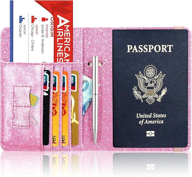 ACdream Passport Holder Cover, Leather Travel Wallet Case, RFID Blocking Document Organizer Protecrtor, with Slots for Credit Cards, Boarding Pass, for Women and Men, Glitter Pink