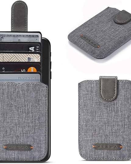 BIAJIYA Card Holder for Back of Phone RFID 5 Pull Credit Card Cash Cell Wallet Pocket Canva Leather Case for Smartphones (Grey)
