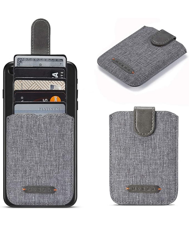 BIAJIYA Card Holder for Back of Phone RFID 5 Pull Credit Card Cash Cell Wallet Pocket Canva Leather Case for Smartphones (Grey)
