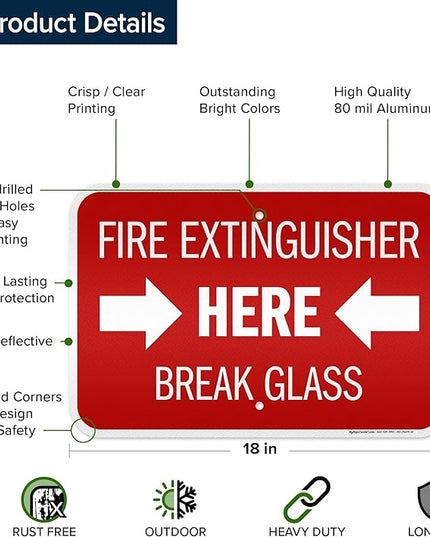 Fire Extinguisher Here Break Glass Sign, 12x18 Inches, 3M EGP Reflective .063 Aluminum, Fade Resistant, Made in USA by My Sign Center