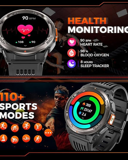 KE5 Military Smart Watch for Men with Flashlight SOS 3ATM Waterproof Watch 530mAh Big Battery 1.45" Rugged Tactical Smartwatch with Compass Elevation Barometer Fitness Watch for iPhone (Brown+OLight)