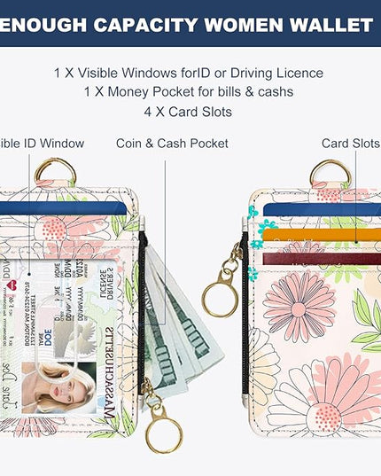 Slim Wallet Credit Card Holder, Line Flower, RFID Wallet Women Cute Small Front Pocket Wallet With Zipper, PU Leather Thin travel RFID Blocking Card Case ID Window,Ladies Gifts