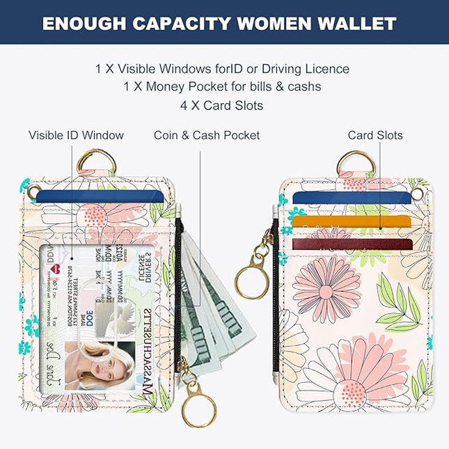 Slim Wallet Credit Card Holder, Line Flower, RFID Wallet Women Cute Small Front Pocket Wallet With Zipper, PU Leather Thin travel RFID Blocking Card Case ID Window,Ladies Gifts