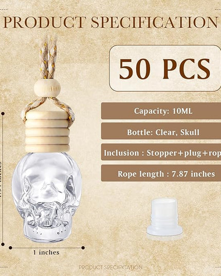 BBTO 50 Pcs Hanging Car Air Freshener Car Diffuser Bottles Empty Glass Perfume Bottle Freshener Diffuser Bottle Pendant for Essential Oil Fragrance Aromatherapy Bottle Ornament(Skull)