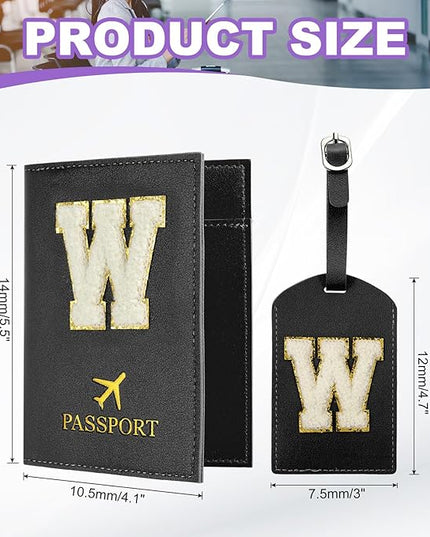 PATIKIL Passport Holder for Travel, Initial Passport Cover and Luggage Tag Set with Alphabet Chenille Letter Patch Travel Wallet Bag Suitcase Identifier for Women Family Travel Black W