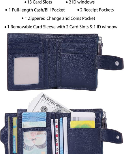 AINIMOER Women's RFID Blocking Leather Small Compact Bi-fold Zipper Pocket Wallet Card Case Purse with id Window