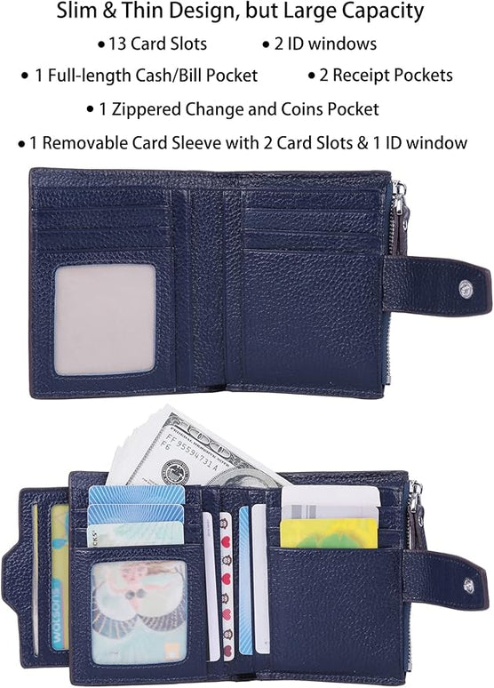 AINIMOER Women's RFID Blocking Leather Small Compact Bi-fold Zipper Pocket Wallet Card Case Purse with id Window