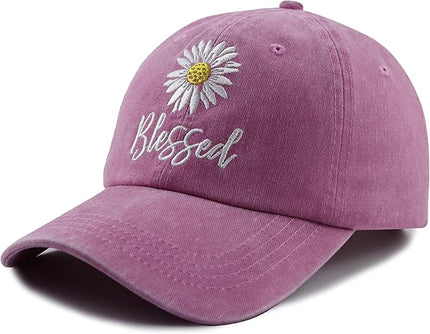 MANMESH HATT Embroidered Daisy Blessed Hat for Women Men, Adjustable Vintage Washed Cotton Christian Baseball Cap