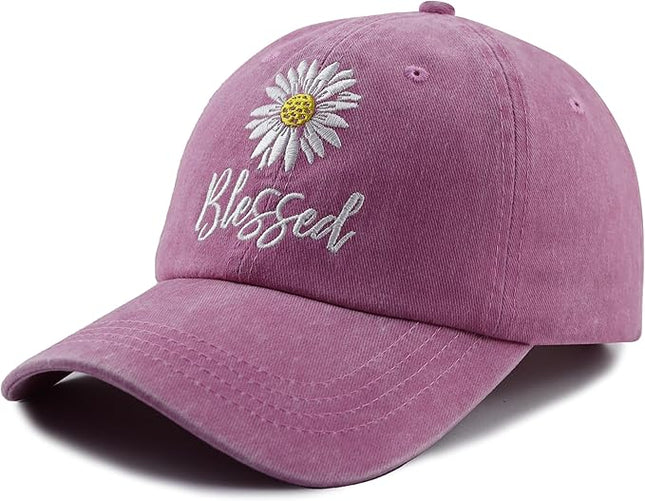 MANMESH HATT Embroidered Daisy Blessed Hat for Women Men, Adjustable Vintage Washed Cotton Christian Baseball Cap