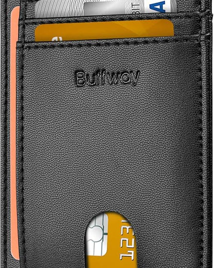 Buffway Slim Minimalist Front Pocket RFID Blocking Leather Wallets for Men and Women - Sand Black