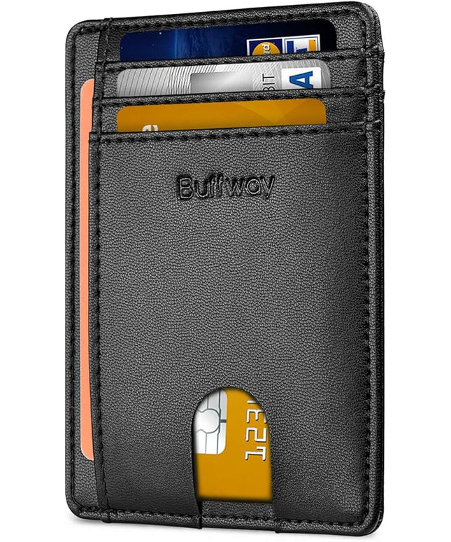 Buffway Slim Minimalist Front Pocket RFID Blocking Leather Wallets for Men and Women - Sand Black