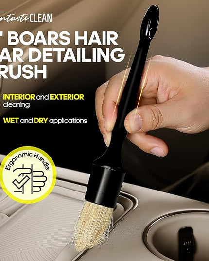 Fantasticlean 9PC Car Detailing Kit，Boars Hair Brush，Horse Hair Bristle，Suede-Coral Cloth，Car Dust Brush，Microfiber Towel & Applicator，Scratch-Free & Ultra-Soft for Leather, Seats & Interior Cleaning