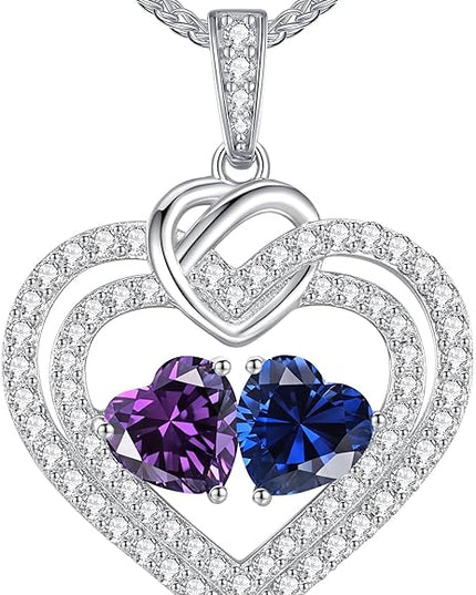 LOUISA SECRET Sparkling Double Heart Birthstone Necklaces for Women, 925 Sterling Silver Fine Jewelry, Pendant Heart Necklaces Birthday Anniversary Christmas Gift for Women Wife Mom Girlfriend Lady