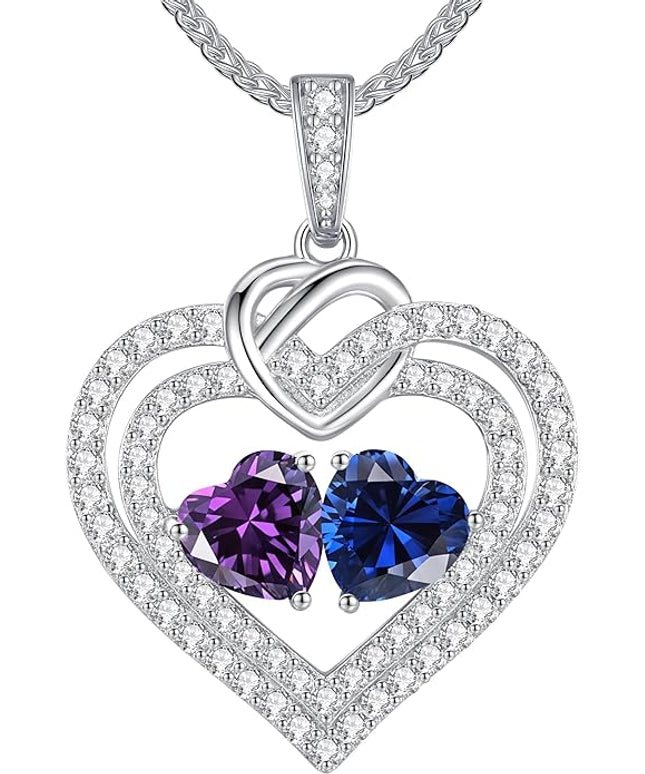 LOUISA SECRET Sparkling Double Heart Birthstone Necklaces for Women, 925 Sterling Silver Fine Jewelry, Pendant Heart Necklaces Birthday Anniversary Christmas Gift for Women Wife Mom Girlfriend Lady