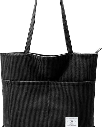 KALIDI Women Corduroy Tote Bag Zipper Casual Tote's Handbag Big Capacity Shoulder Bag with Pockets