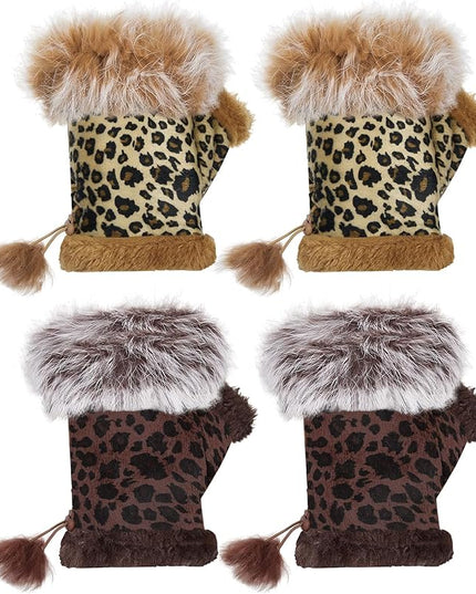 SATINIOR Women Fur Fingerless Gloves Winter Rabbit Fur Lined Half Finger Mittens for Women Girls Teen Working Writing