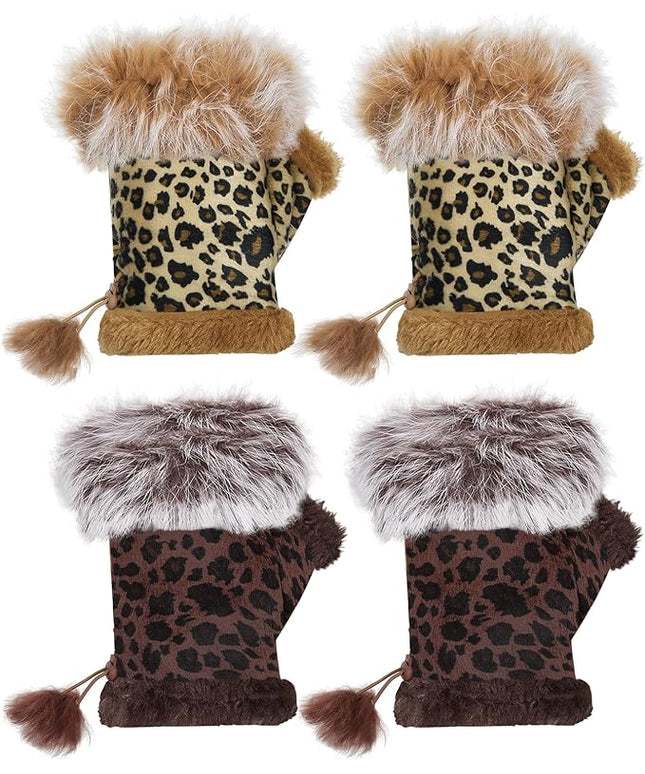 SATINIOR Women Fur Fingerless Gloves Winter Rabbit Fur Lined Half Finger Mittens for Women Girls Teen Working Writing