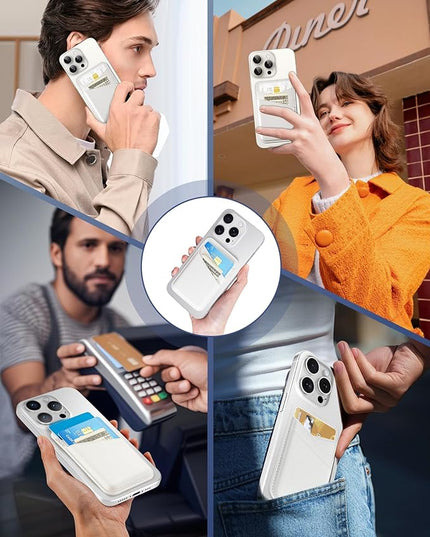 SS Magnetic Card Wallet Compatible with iPhone 16 15 14 13 12 Pro Max Plus Series - Strongest Magnetic Leather Card Holder Stick on for Apple Cell Phone, Mag Safe Wallet for Women Men (White)