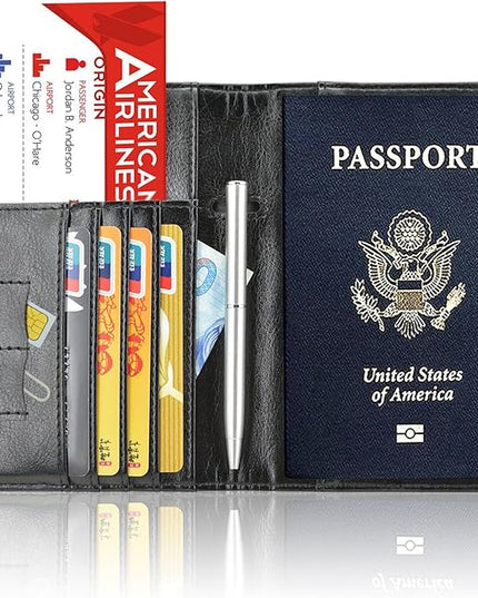 ACdream Passport Holder Cover, Leather Travel Wallet Case, RFID Blocking Document Organizer Protecrtor, with Slots for Credit Cards, Boarding Pass, for Women and Men, Black