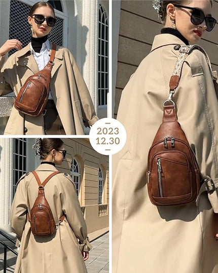 Sling Bag Crossbody Backpack - 2 in 1 Leather Cross Body Bag Fanny Pack with 2 Removable Straps