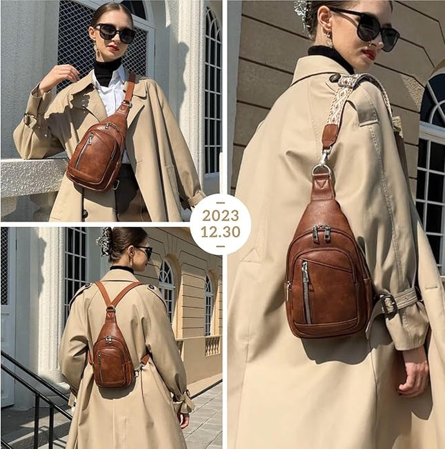 Sling Bag Crossbody Backpack - 2 in 1 Leather Cross Body Bag Fanny Pack with 2 Removable Straps