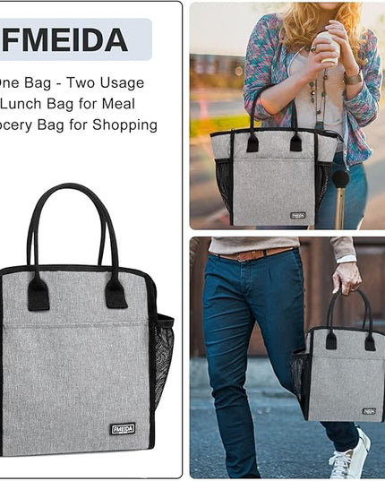 Fmeida Insulated Lunch Bags for Women Men Reusable Lunch Box Bag Lunch Tote Bag with Front&Side Pockets Leakproof Thermal Lunch Cooler for Work Picnic Beach Travel