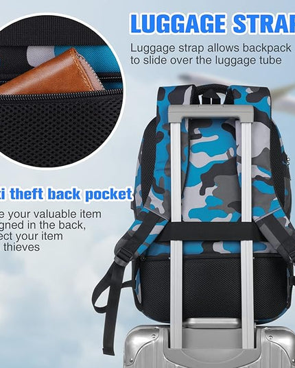 Backpack for Men,College Backpack School Bookbag for Teens,Laptop Bookbag with USB Port and Headphone Hole,Camouflage Blue