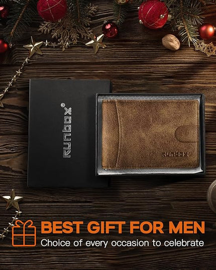 RUNBOX Slim Wallet for Men Genuine Leather RFID Blocking Bifold Minimalist Front Pocket Mens Wallet with Money Clip Thin Gift Box