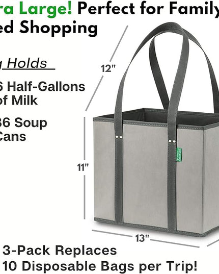 Creative Green Life Reusable Grocery Bags (3 Pack) – Heavy Duty Reusable Shopping Bags with Box Shape to Stand Up, Stay Open, Fold Flat – Large Tote Bags with Long Handles & Reinforced Bottom (Gray)