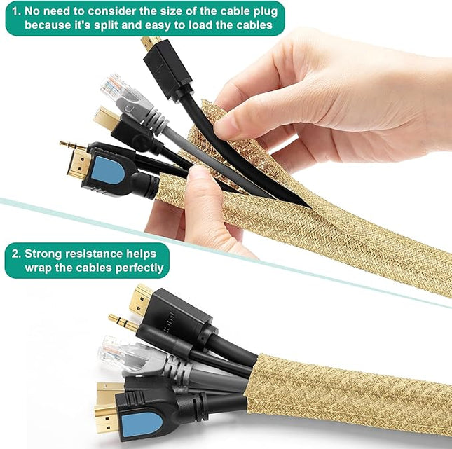 6.6ft - 1/2 inch Gold Cable Sleeve, Cable Organizer for Desk PC TV Computer, Wire Protector Cable Wrap Cover, Cord Management for Home Office