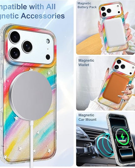 Cute Case for iPhone 17 Pro Max Case for Women Girls [Compatible with Magsafe] Aesthetic Girly Trendy Glitter Sparkly Bling Magnetic Protective Phone Cover, Rainbow