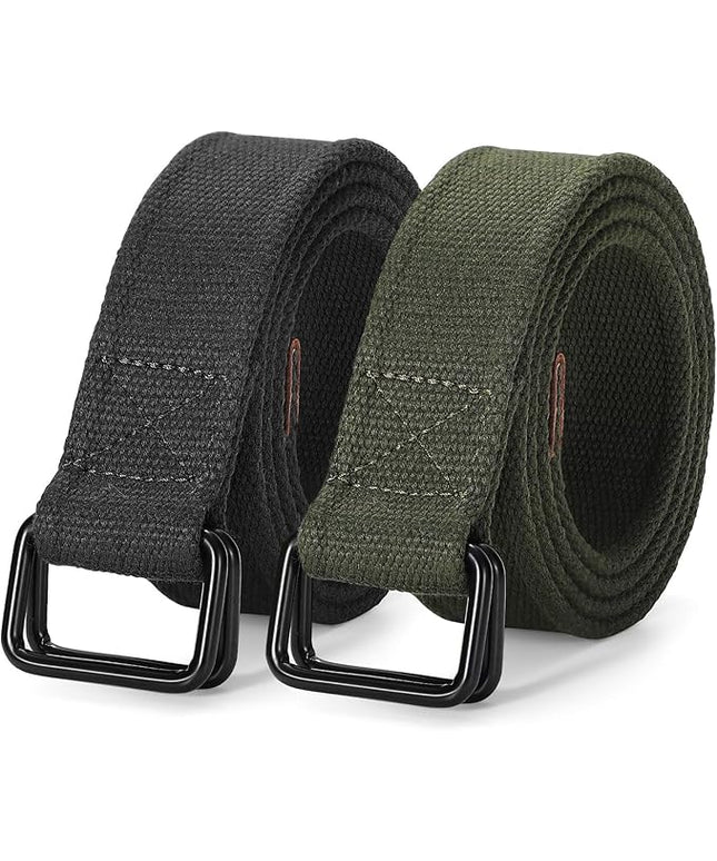 JASGOOD Men Canvas Fabric Belts Casual Web Cloth Belts with Black Double Ring Buckle 2 Pack