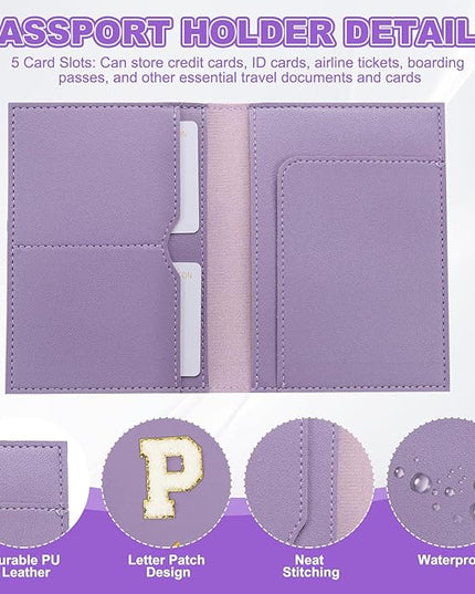 PATIKIL Passport Holder for Travel, Initial Passport Cover and Luggage Tag Set with Alphabet Chenille Letter Patch Travel Wallet Bag Suitcase Identifier for Women Family Travel Purple P