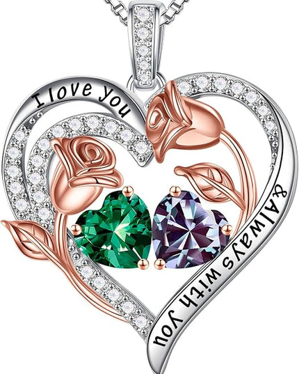 Iefil Christmas Gifts for Women Wife - 925 Sterling Silver Rose Heart Birthstone Necklace Birthday Anniversary Jewelry Gifts for Her Wife Mom Daughter