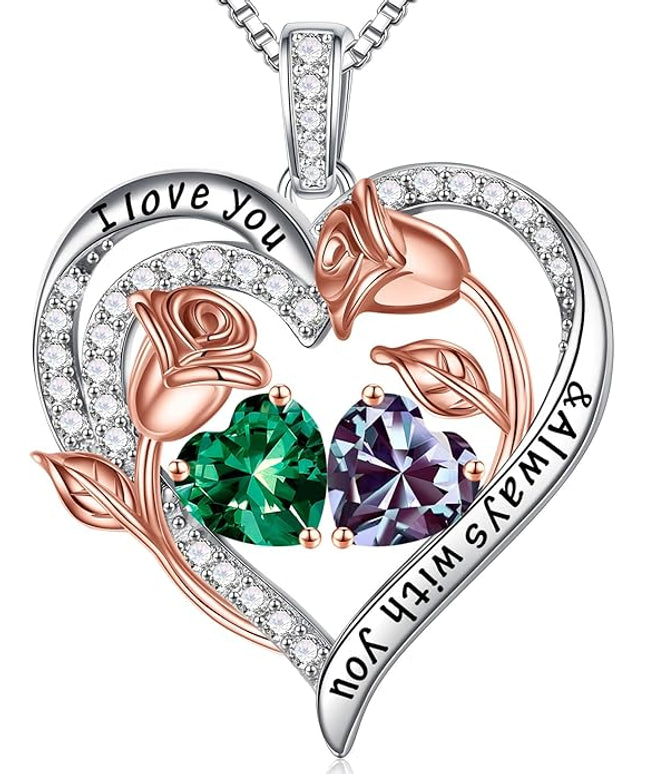 Iefil Christmas Gifts for Women Wife - 925 Sterling Silver Rose Heart Birthstone Necklace Birthday Anniversary Jewelry Gifts for Her Wife Mom Daughter