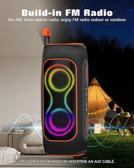 MusiBaby Portable Bluetooth Speakers with Lights, 80W Loud Outdoor Wireless Speaker with Stereo Sound, IPX5 Waterproof, 24H Playtime, BT 5.3, FM, for Home/Travel/Praty Valentines Gifts (Black)