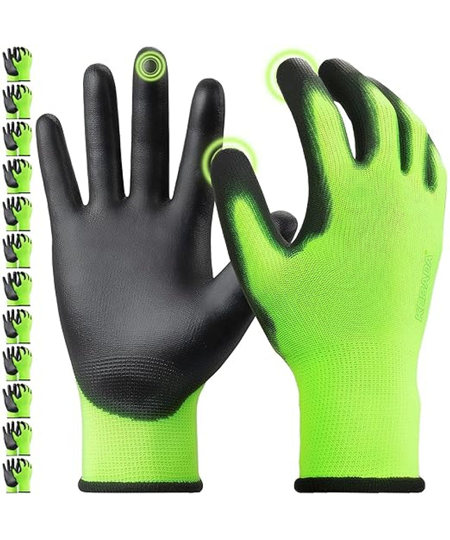 Kebada W1 Work Gloves for Men and Women, PU Coated Safety Gloves with Grip, Touchscreen, Ideal for Warehouse Package Handling, Construction, Gardening, Green Medium