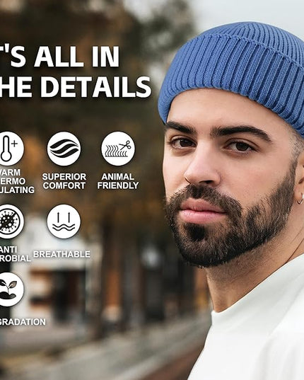 100% Merino Wool Fisherman Beanie for Men Women, Short Knit Cuff Trawler Winter Hat, Warm Soft Outdoor Gift