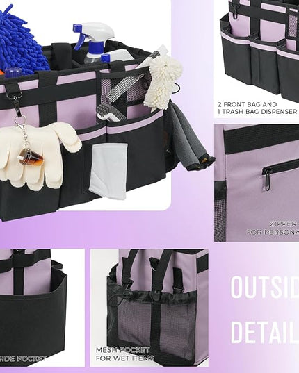 Wearable Cleaning Caddy, Cleaning Caddy Supplies Organizer with Handle & Shoulder Straps for Housekeepers, Under Sink & Car Cleaning Tool Organizers Bag with 4 Foldable Divider (Lilac)