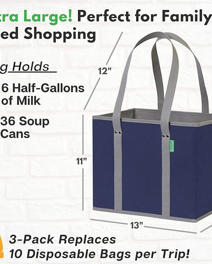 Reusable Grocery Bags (3 Pack) – Heavy Duty Reusable Shopping Bags with Box Shape to Stand Up, Stay Open, Fold Flat – Large Tote Bags are Foldable with Long Handles & Hard Bottom (Navy Blue)