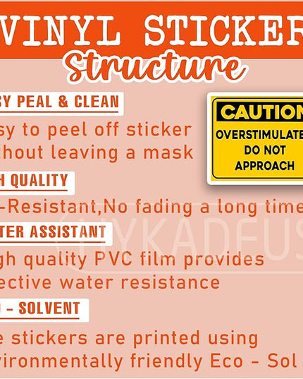 (3Pcs) Caution Overstimulated Do Not Approach Sticker Funny Warning Sign Stickers Sarcastic Emotion Humor Vinyl Decals for Laptop, Water Bottle, Tumbler, Book, Desk, 3" x 2.4"