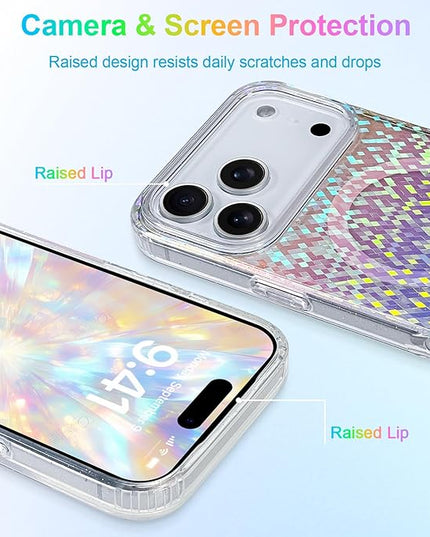 Glitter Case for iPhone 17 Pro Case for Women Girls [Compatible with Magsafe] Clear Cute Girly Aesthetic Colorful Iridescent Rainbow Sparkly Sparkle Bling Magnetic Protective Phone Cover