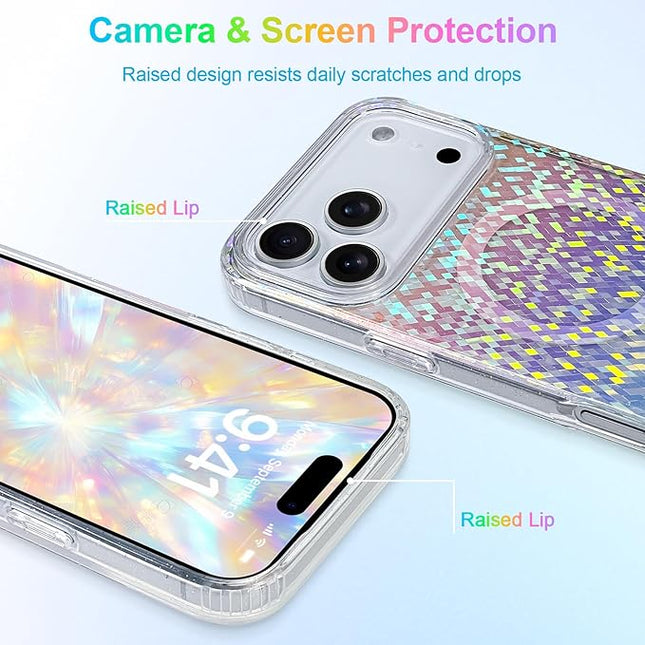 Glitter Case for iPhone 17 Pro Case for Women Girls [Compatible with Magsafe] Clear Cute Girly Aesthetic Colorful Iridescent Rainbow Sparkly Sparkle Bling Magnetic Protective Phone Cover