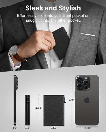 typecase Mens Wallet Card Holder: Pop Up Aluminum Case, Genuine Leather, Smart, RFID Blocking, Slim, Minimalist, Front Pocket - 9-14 Card Capacity | ID Window | Cash Slot (Cross Black)