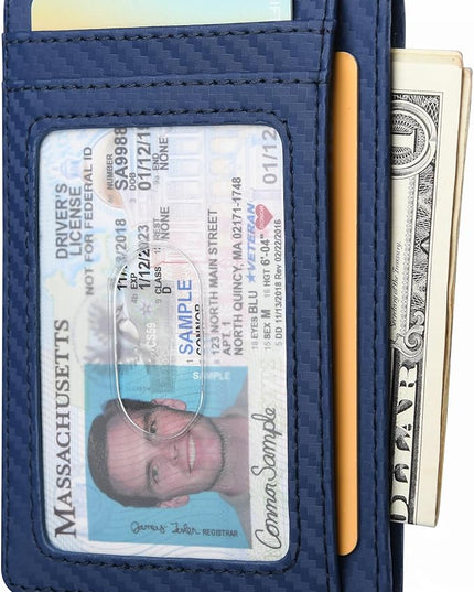 Buffway Slim Minimalist Front Pocket RFID Blocking Leather Wallets for Men and Women - Carbon Fiber Blue