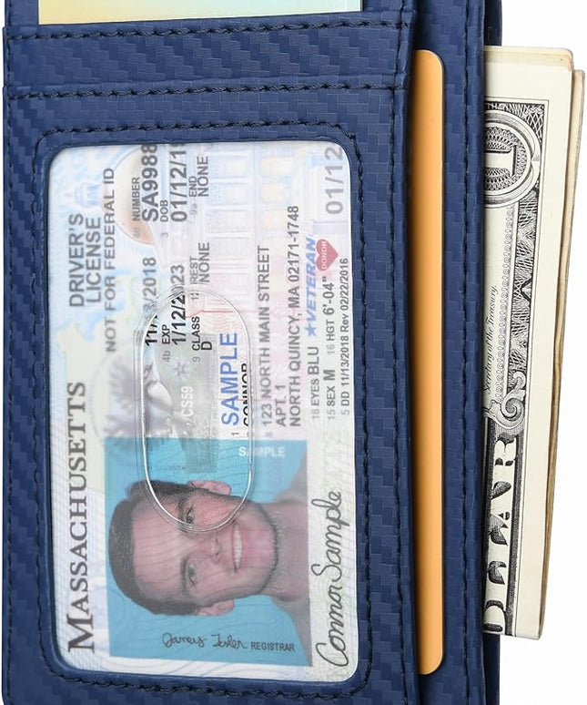 Buffway Slim Minimalist Front Pocket RFID Blocking Leather Wallets for Men and Women - Carbon Fiber Blue